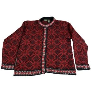 LL Bean Sweater‎ Womens Medium Red Merino Wool Fair Isle Cardigan Button Front